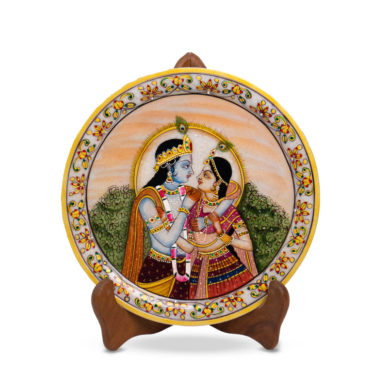 Radha Krishna, Gold Leaf 9 Inch Marble Decorative Plate - Handicraft Bazaar