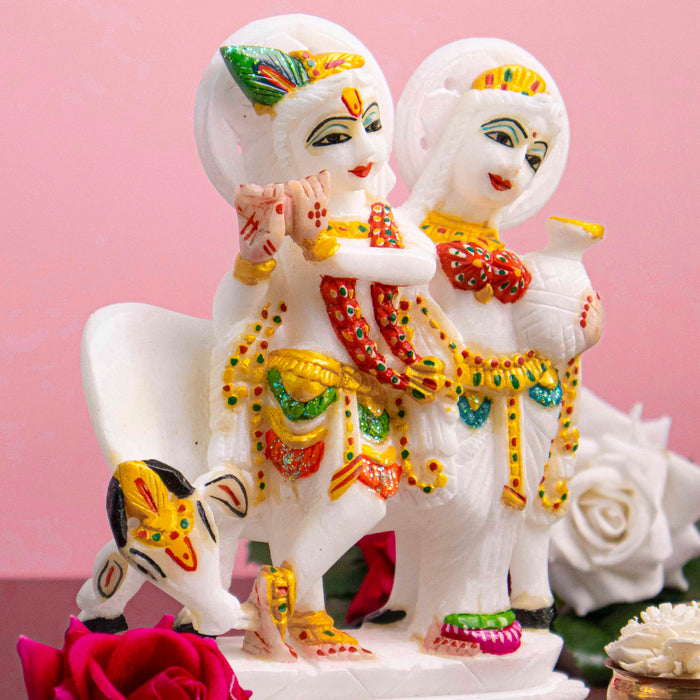 Radha Krishna Jugal Jodi with Cow, White Marble Statue - Handicraft Bazaar