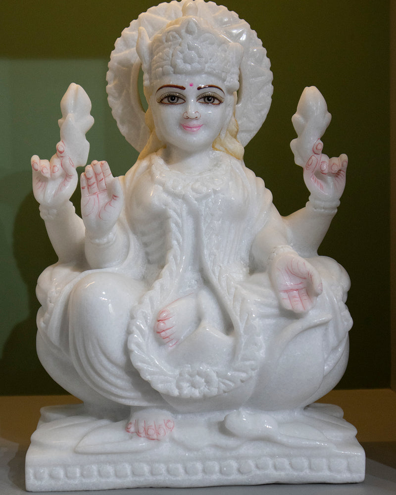 Goddess Maa Laxmi, 12 Inch, White Marble Statue - Handicraft Bazaar