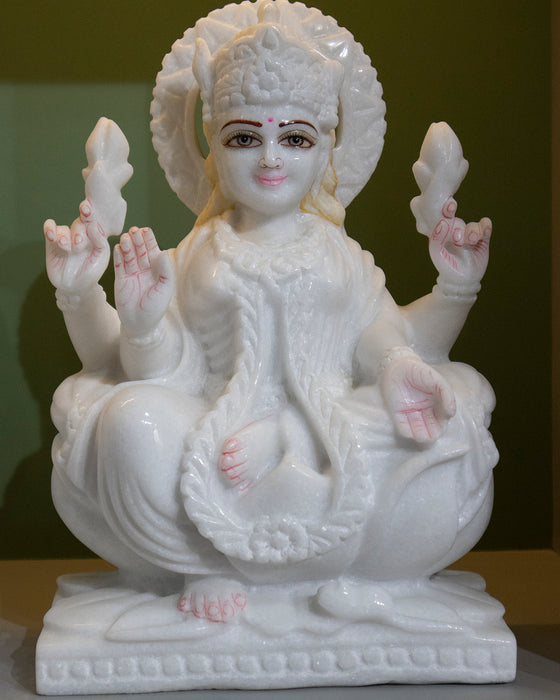 Goddess Maa Laxmi, 12 Inch, White Marble Statue - Handicraft Bazaar