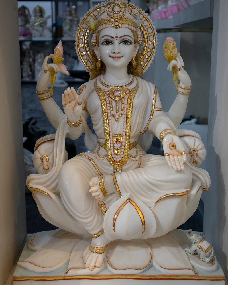 Goddess Maa Laxmi, 24 Inch, White Marble Statue - Handicraft Bazaar