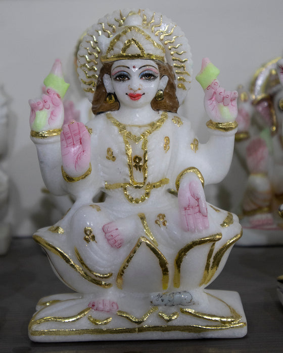 Goddess Maa Laxmi, 6 Inch, White Marble Statue - Handicraft Bazaar