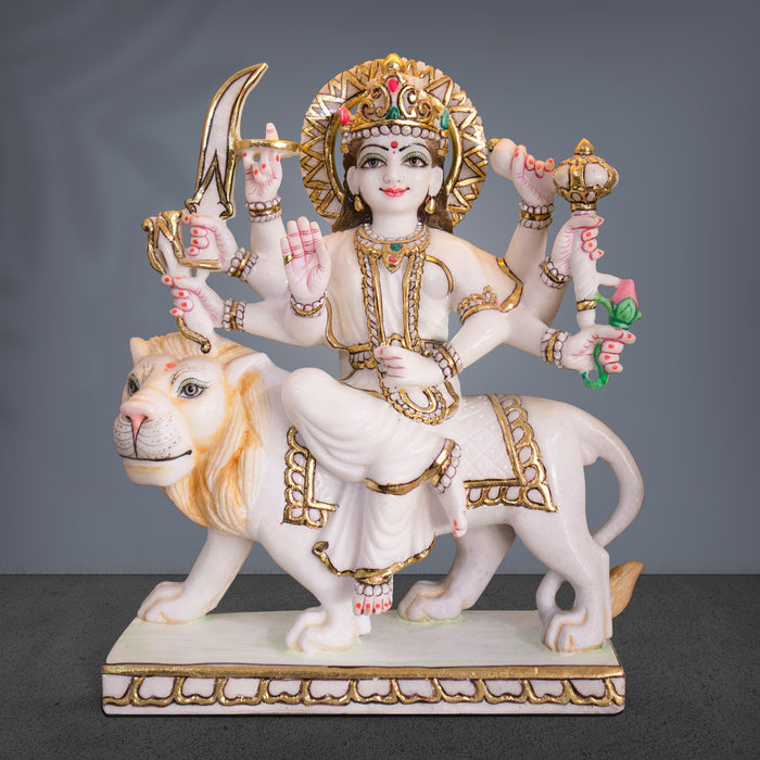 Goddess Maa Durga, 15 Inch, White Marble Statue - Handicraft Bazaar