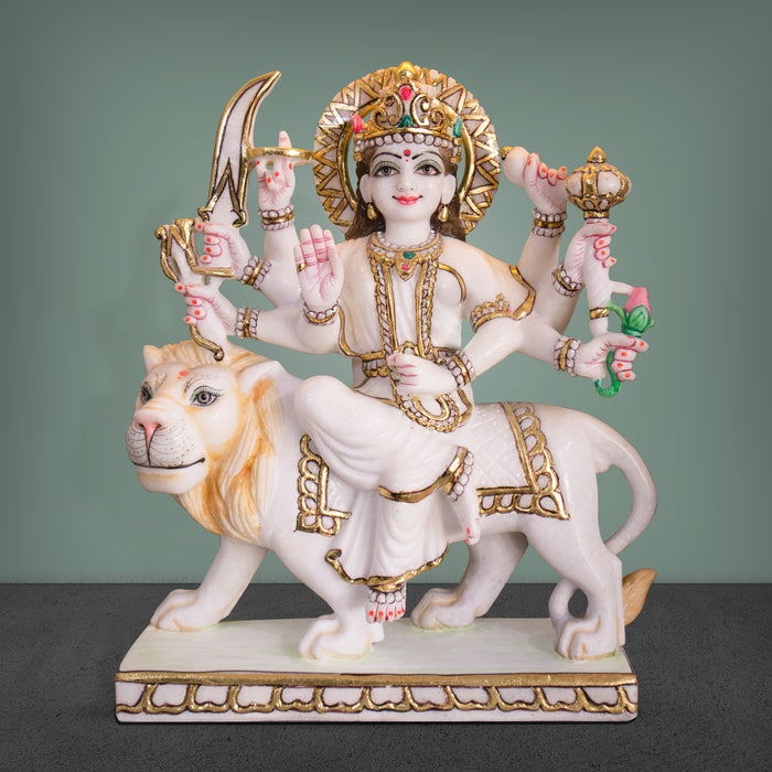 Goddess Maa Durga, 15 Inch, White Marble Statue - Handicraft Bazaar