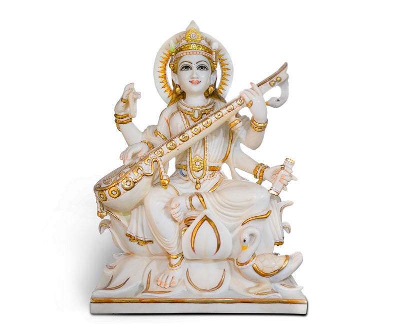 Goddess Maa Saraswati, 24 Inch, White Marble Statue - Handicraft Bazaar