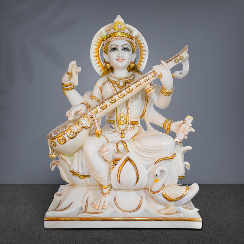 Goddess Maa Saraswati, 24 Inch, White Marble Statue - Handicraft Bazaar