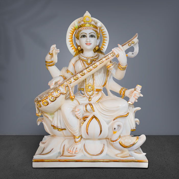 Goddess Maa Saraswati, 24 Inch, White Marble Statue - Handicraft Bazaar