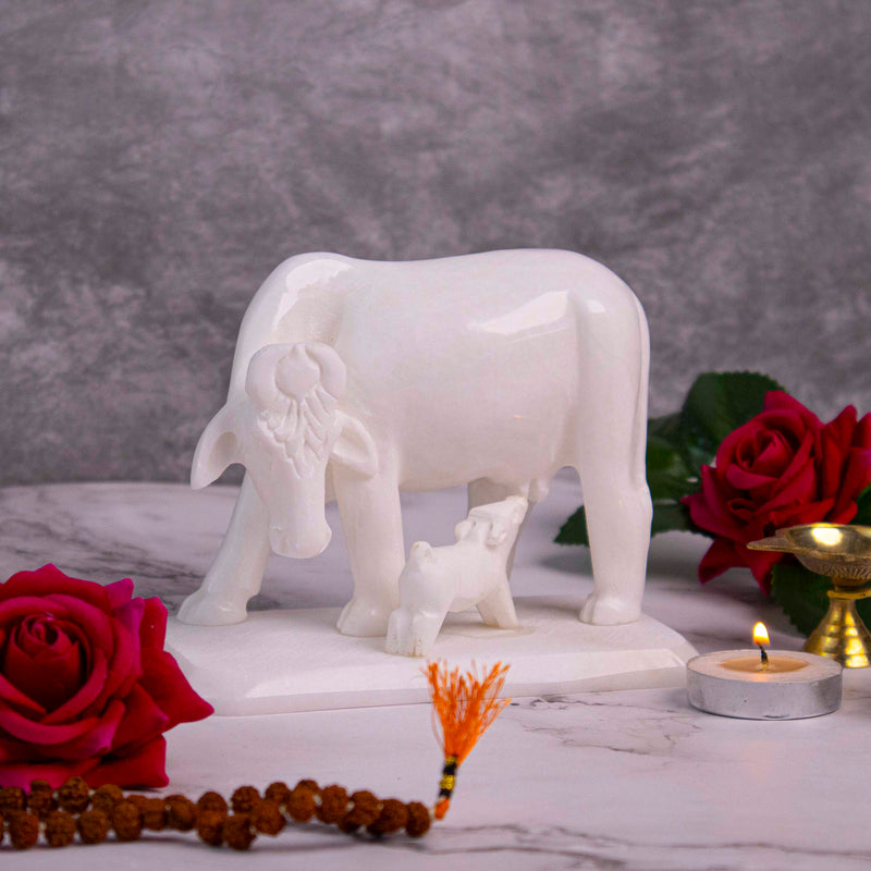 Cow and Calf, White Marble Statue - Handicraft Bazaar