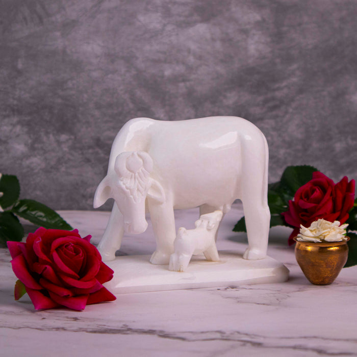 Cow and Calf, White Marble Statue - Handicraft Bazaar
