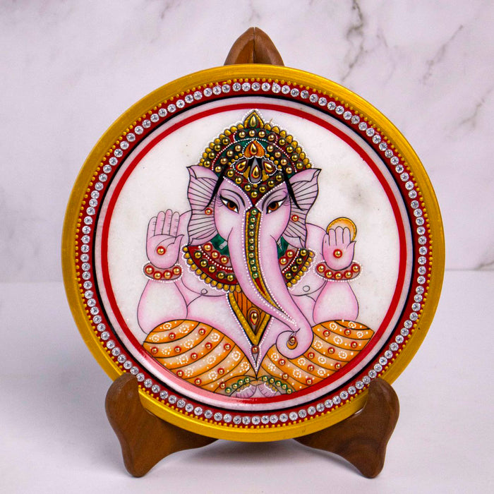 Lord Ganesh, Gold Leaf 9 Inch Marble Decorative Plate - Handicraft Bazaar