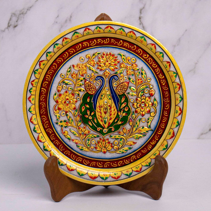 Traditional Peacock, Gold Leaf 9 Inch Marble Decorative Plate - Handicraft Bazaar
