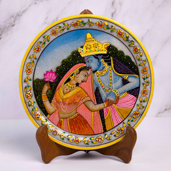 Radha Krishna 1, Gold Leaf 9 Inch Marble Decorative Plate - Handicraft Bazaar