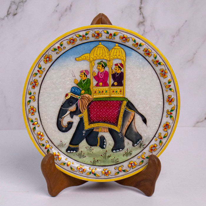 Traditional Elephant, Gold Leaf 9 Inch Marble Decorative Plate - Handicraft Bazaar