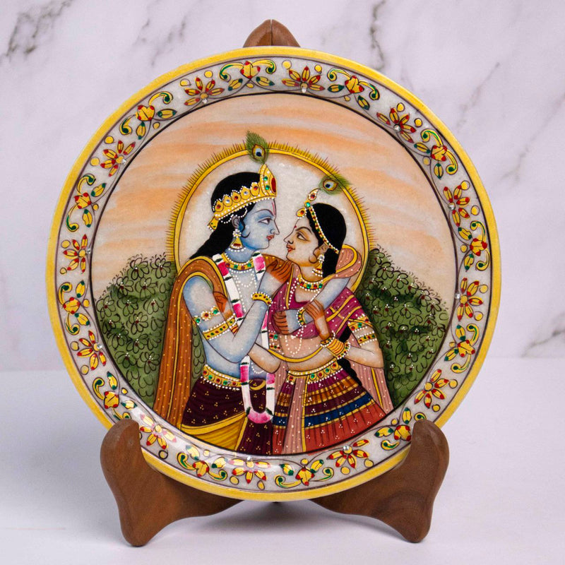 Radha Krishna, Gold Leaf 9 Inch Marble Decorative Plate - Handicraft Bazaar