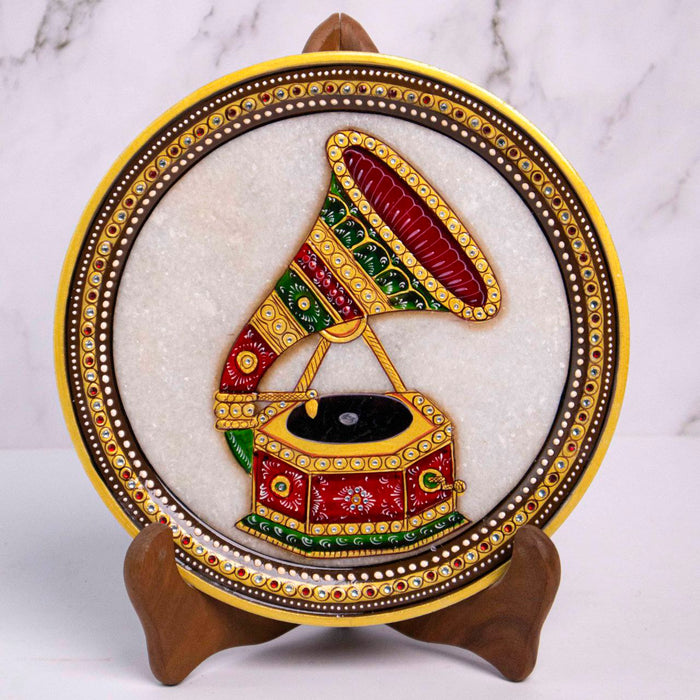Traditional Phonograph, Gold Leaf 9 Inch Marble Decorative Plate - Handicraft Bazaar