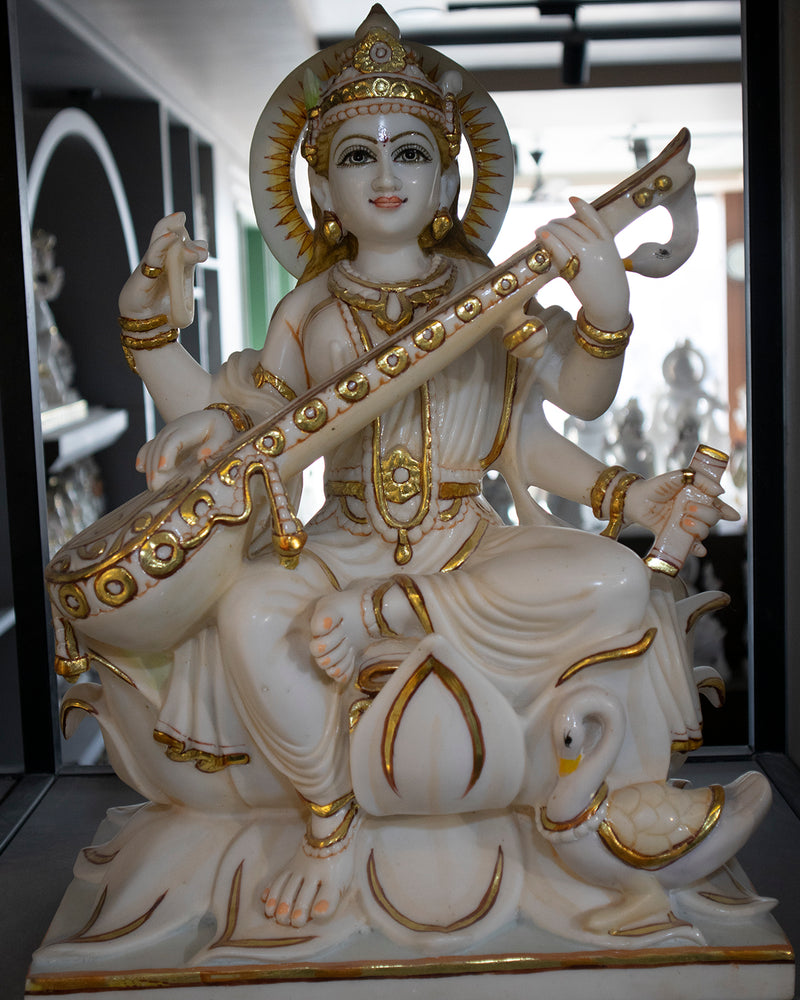 Goddess Maa Saraswati, 24 Inch, White Marble Statue - Handicraft Bazaar