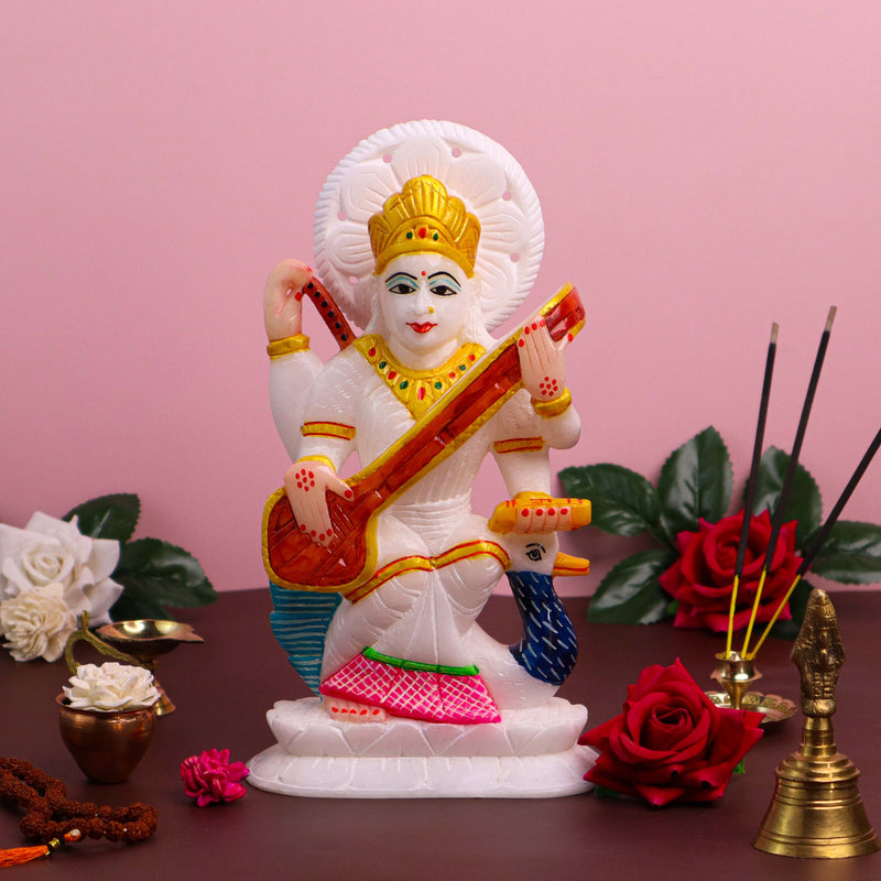 Goddess Saraswati, White Marble Statue - Handicraft Bazaar