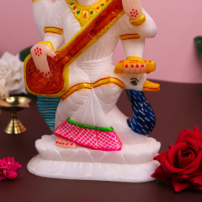Goddess Saraswati, White Marble Statue - Handicraft Bazaar
