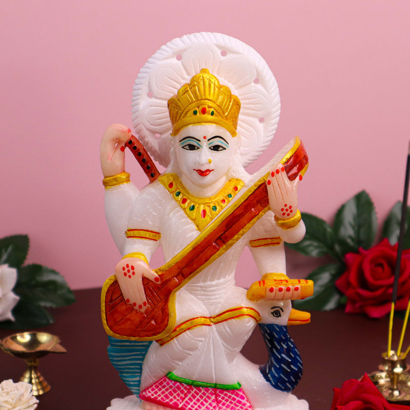 Goddess Saraswati, White Marble Statue - Handicraft Bazaar