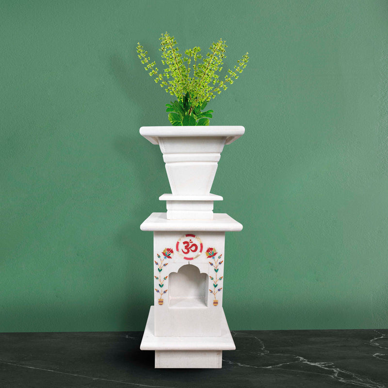 Marble Tulsi Pot, White Marble Inlay - Handicraft Bazaar
