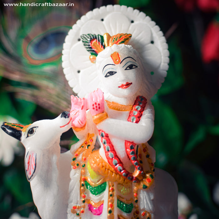 Vrindavan Krishna White Marble Statue - Handicraft Bazaar