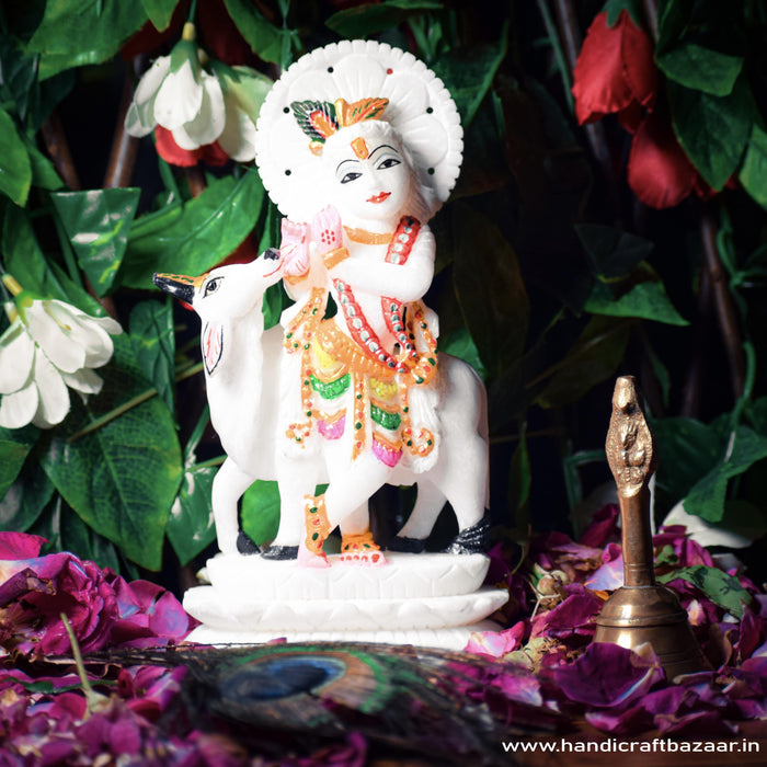 Vrindavan Krishna White Marble Statue - Handicraft Bazaar