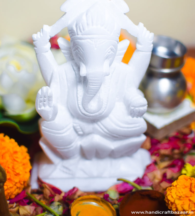 Lord Ganesh, White Marble Murti - Handicraft Bazaar