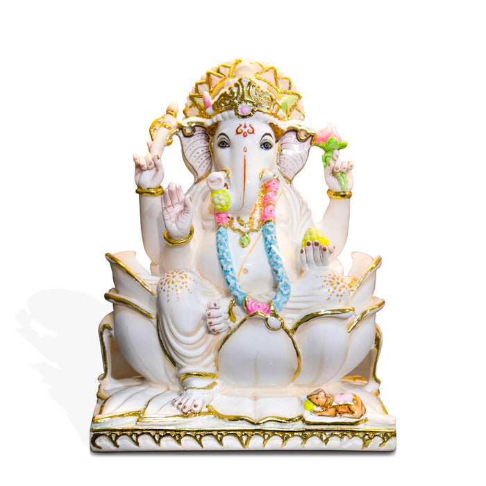 Lord Ganesh, 12 Inch, White Marble Statue - Handicraft Bazaar