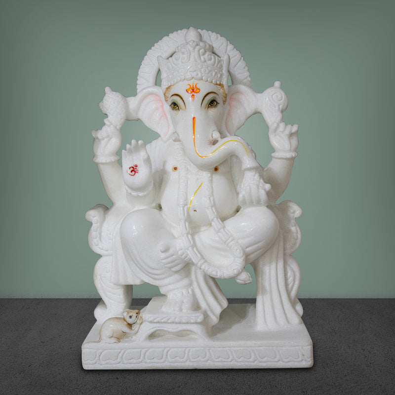 Lord Ganesh, 15 Inch, White Marble Statue - Handicraft Bazaar