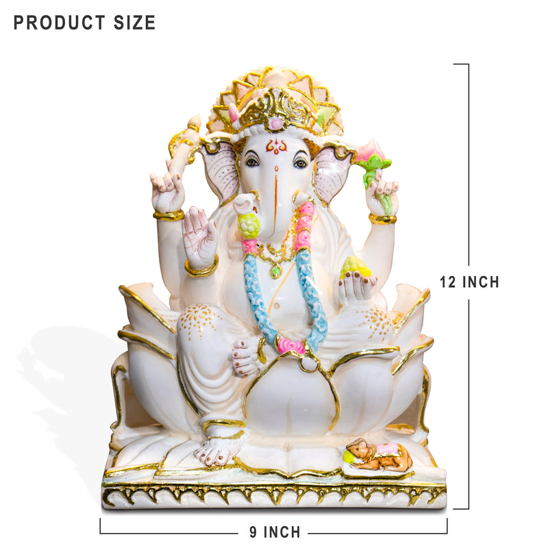 Lord Ganesh, 12 Inch, White Marble Statue - Handicraft Bazaar