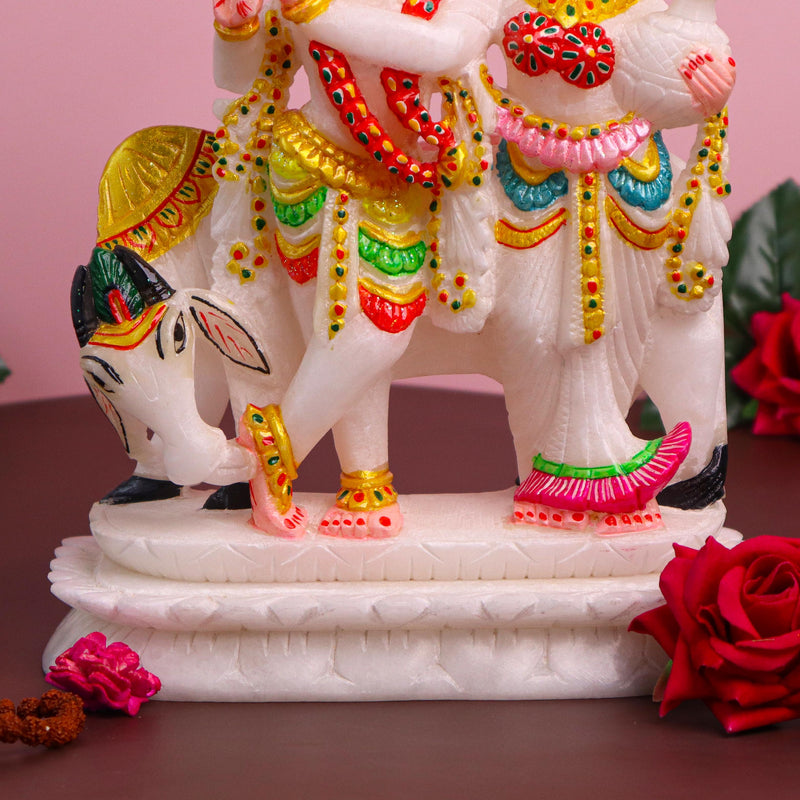 Radha Krishna Jugal Jodi with Cow, White Marble Statue - Handicraft Bazaar