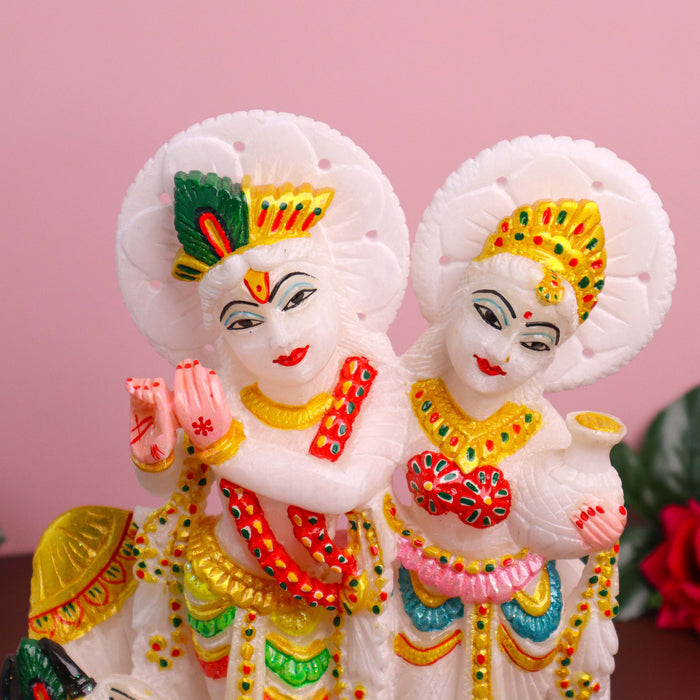 Radha Krishna Jugal Jodi with Cow, White Marble Statue - Handicraft Bazaar