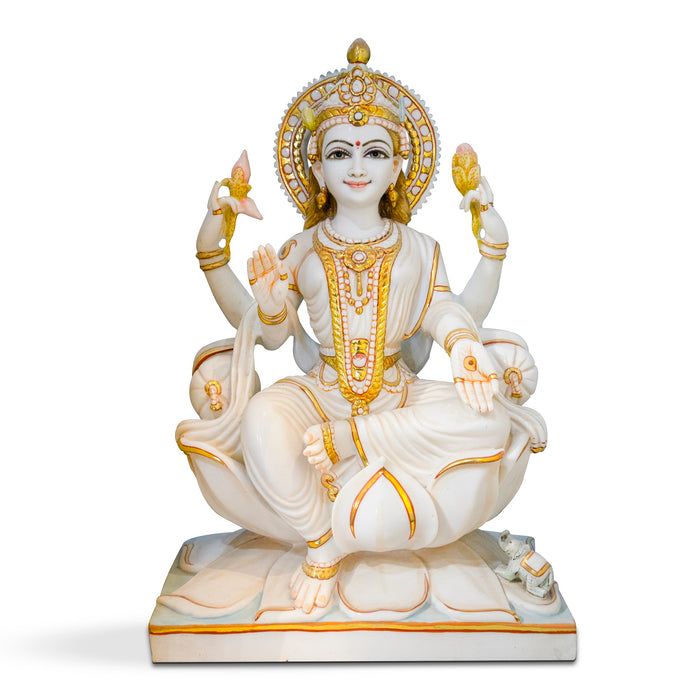 Goddess Maa Laxmi, 24 Inch, White Marble Statue - Handicraft Bazaar
