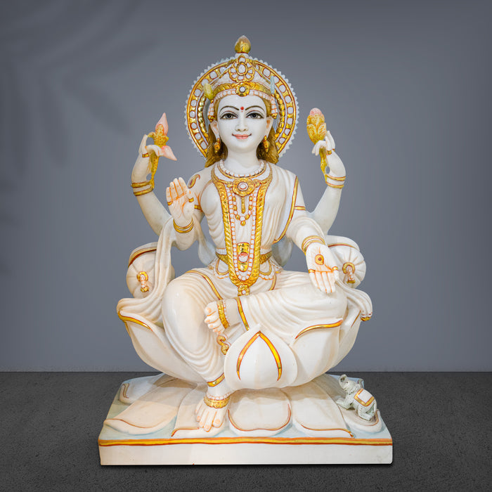 Goddess Maa Laxmi, 24 Inch, White Marble Statue - Handicraft Bazaar