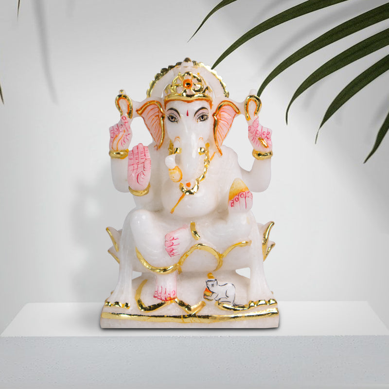 Lord Ganesh, 6 Inches, White Marble Murti - Handicraft Bazaar