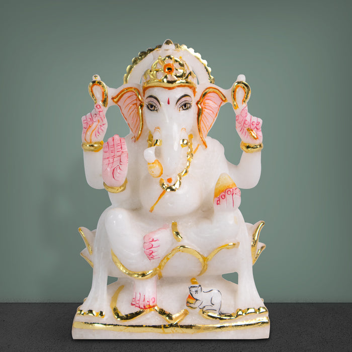 Lord Ganesh, 6 Inches, White Marble Murti - Handicraft Bazaar
