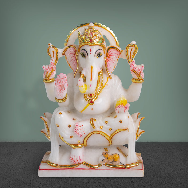 Lord Ganesh, 9 Inches, White Marble Statue - Handicraft Bazaar