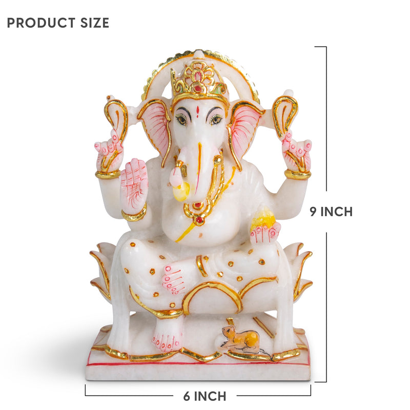 Lord Ganesh, 9 Inches, White Marble Statue - Handicraft Bazaar