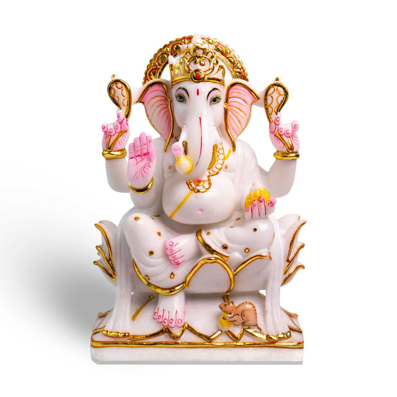 Lord Ganesh, 12 Inch, White Marble Murti - Handicraft Bazaar