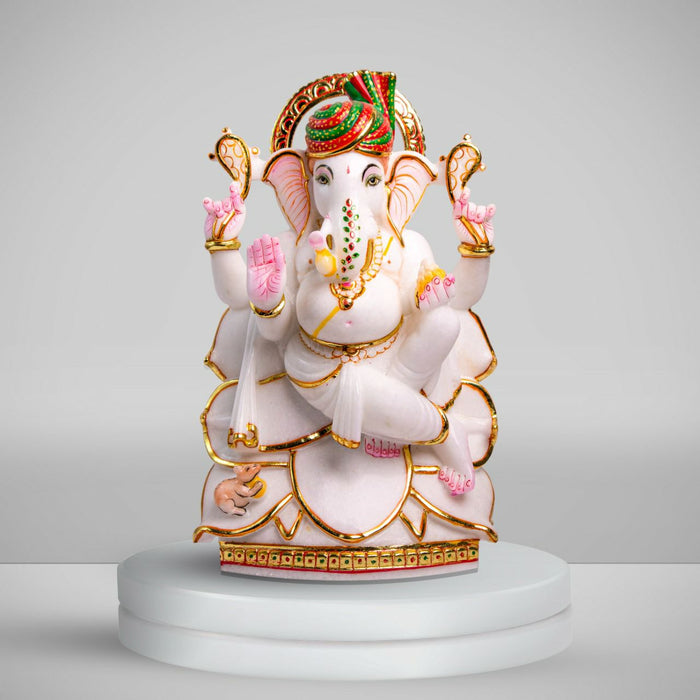 Lord Ganesh, 15 Inch, White Marble Murti - Handicraft Bazaar