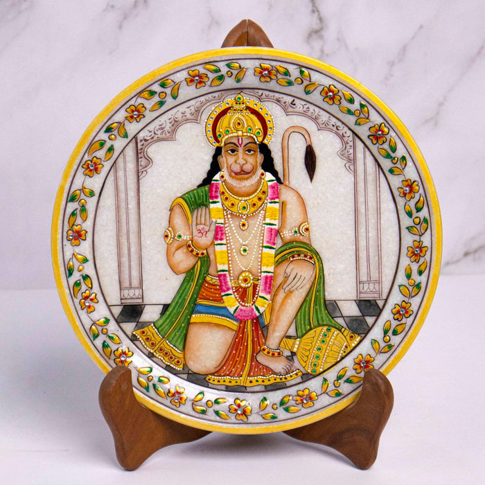Lord Hanuman, Gold Leaf 9 Inch Marble Decorative Plate - Handicraft Bazaar