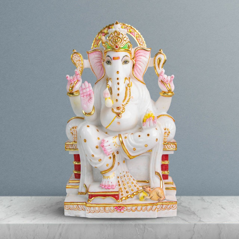 Lord Ganesh, 15 Inch, White Marble Statue - Handicraft Bazaar