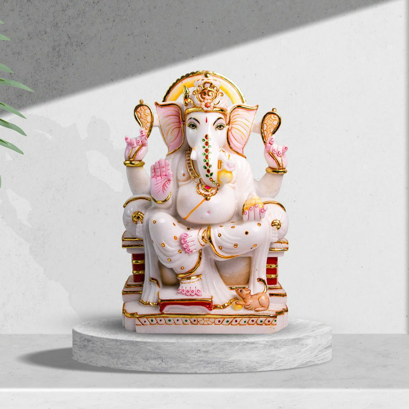 Lord Ganesh, 15 Inch, White Marble Statue - Handicraft Bazaar