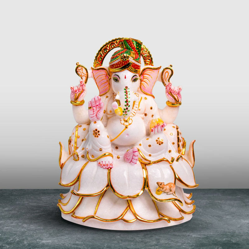 Lord Ganesh, 12 Inch, White Marble Statue - Handicraft Bazaar