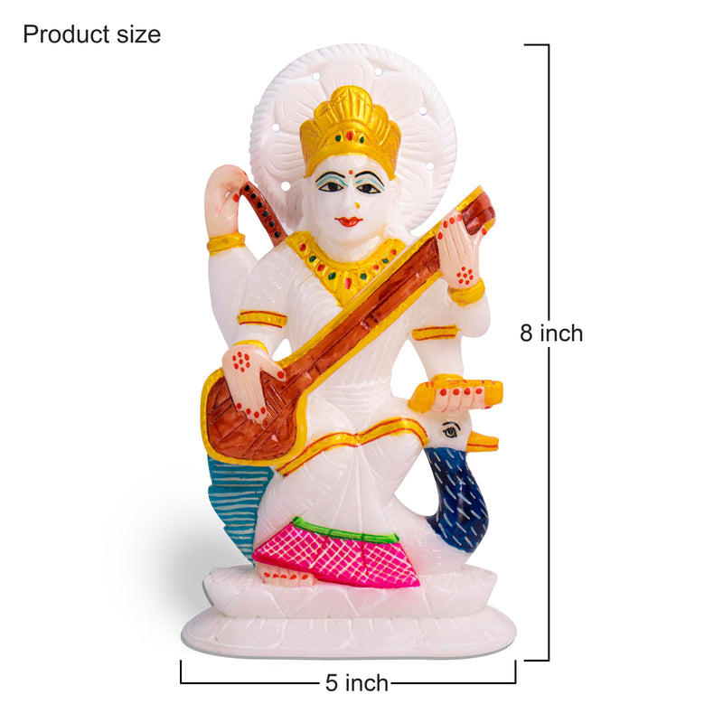 Goddess Saraswati, White Marble Statue - Handicraft Bazaar