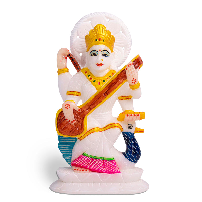 Goddess Saraswati, White Marble Statue - Handicraft Bazaar